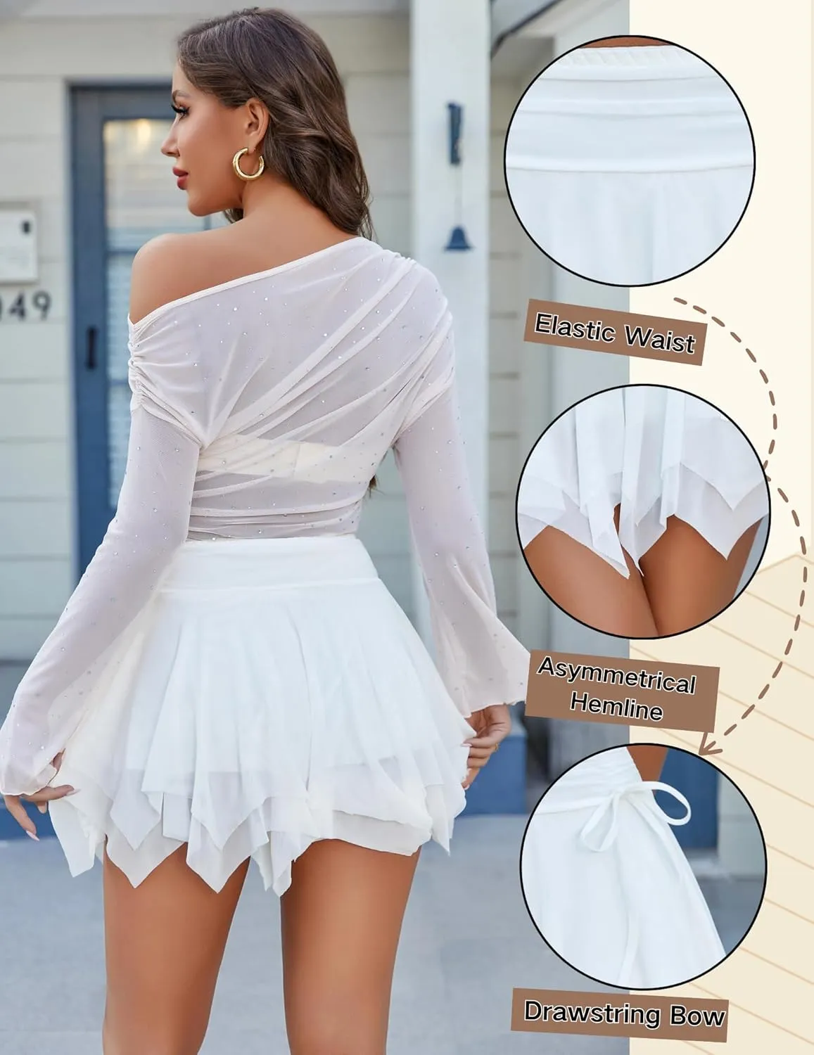 Avidlove Mini Skirts for Women Mesh Flowy Y2k Skirt Drawstring Ruched Bow Layer Asymmetrical Short Skort