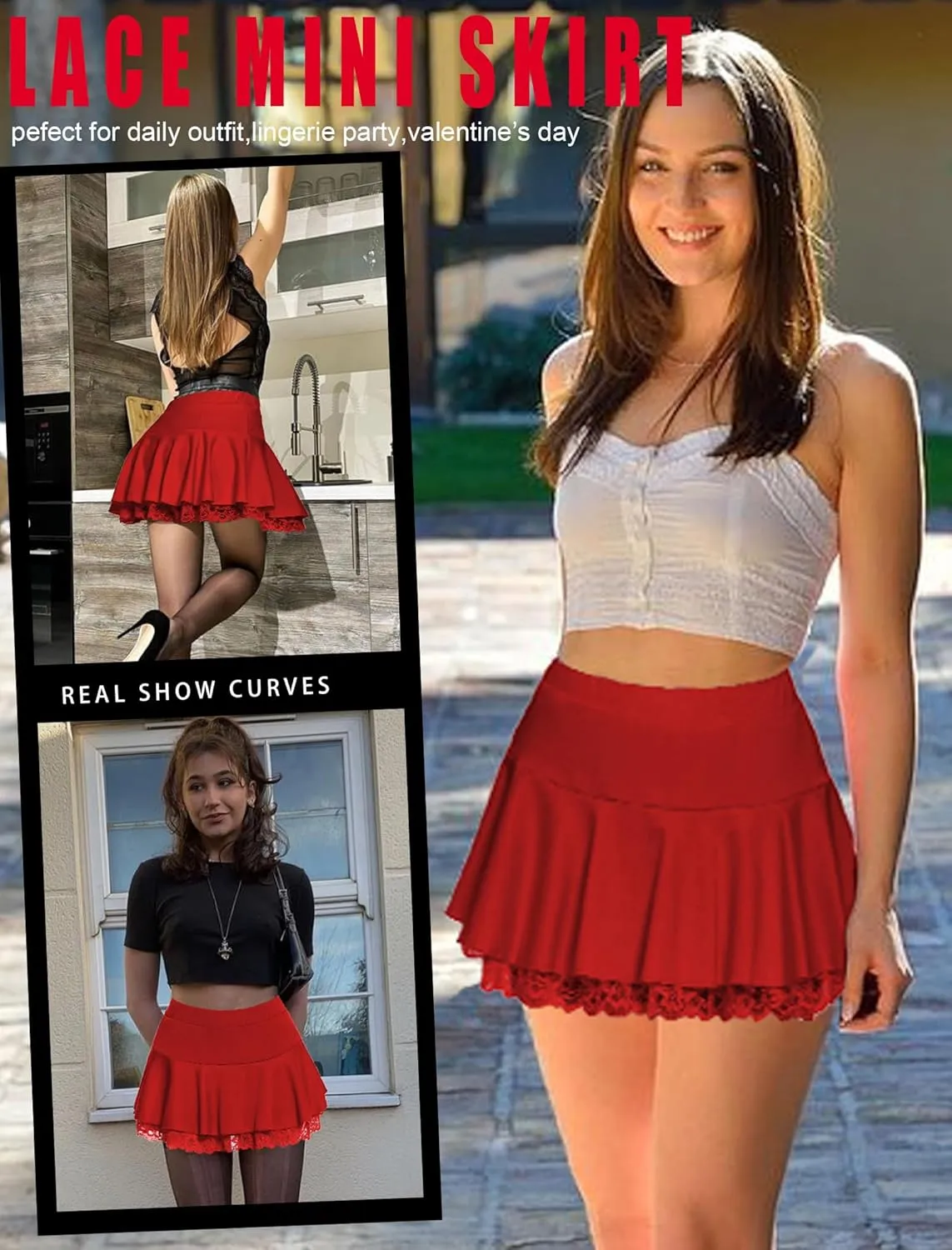 Avidlove Women Pleated Mini Skirt Sexy Lace Ruffle Solid Skirt Lingerie Short Skirts