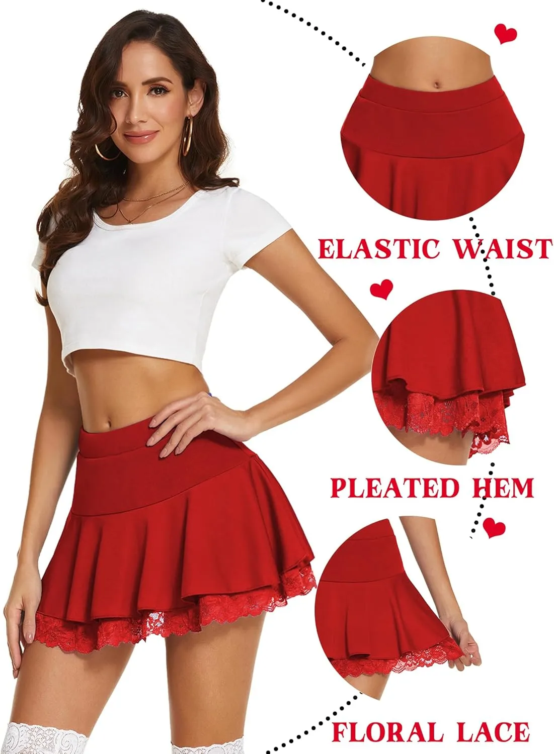 Avidlove Women Pleated Mini Skirt Sexy Lace Ruffle Solid Skirt Lingerie Short Skirts