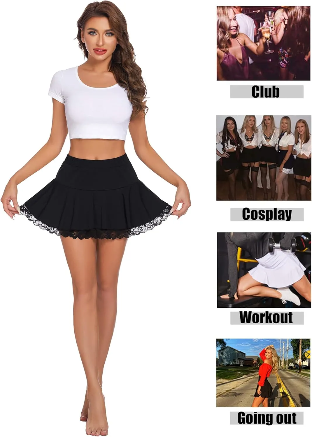 Avidlove Women Pleated Mini Skirt Sexy Lace Ruffle Solid Skirt Lingerie Short Skirts
