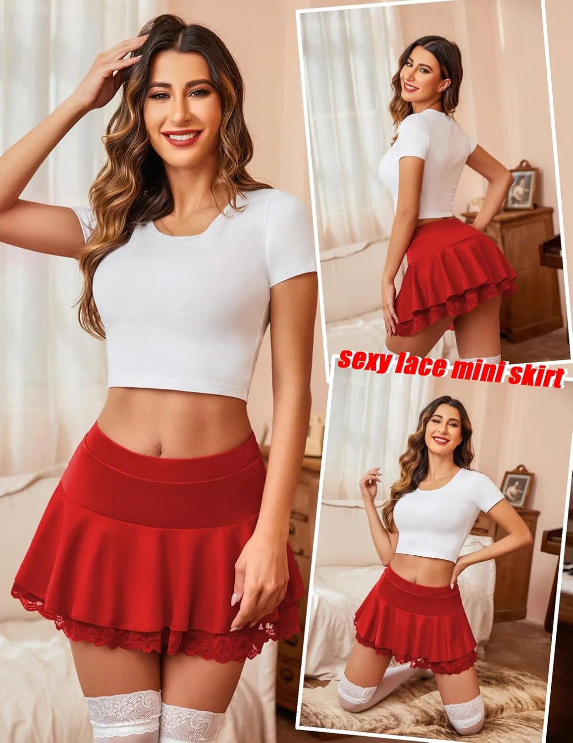 Avidlove Women Pleated Mini Skirt Sexy Lace Ruffle Solid Skirt Lingerie Short Skirts