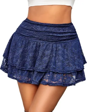 Avidlove Women's Pleated Mini Skirt Lace High Waisted Ruffles Lingerie Short Skirts