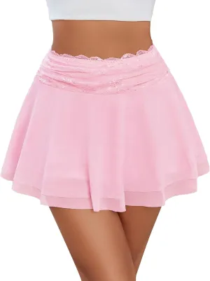 Avidlove Women's Pleated Mini Skirt Lace Mesh Layered Ruffled Lingerie Short Skirts