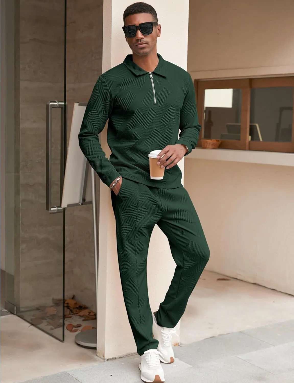 Babioboa Men's Polo sweatsuit Sets 1/4 Zip Fashion Casual Tracksuits jogging long Sleeve Polo Suit for Men 2 Piece Set