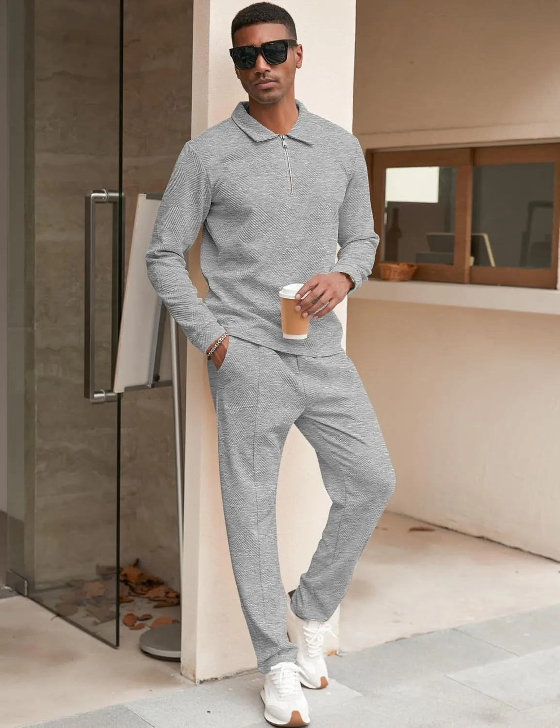 Babioboa Men's Polo sweatsuit Sets 1/4 Zip Fashion Casual Tracksuits jogging long Sleeve Polo Suit for Men 2 Piece Set