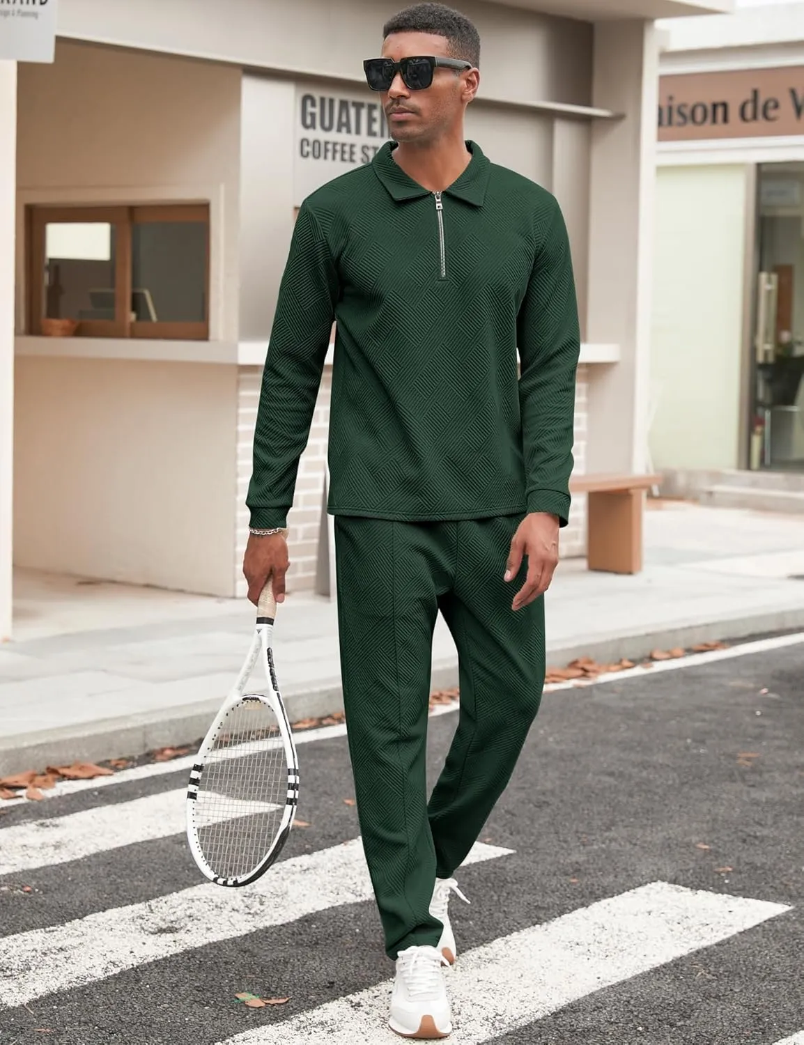Babioboa Men's Polo sweatsuit Sets 1/4 Zip Fashion Casual Tracksuits jogging long Sleeve Polo Suit for Men 2 Piece Set