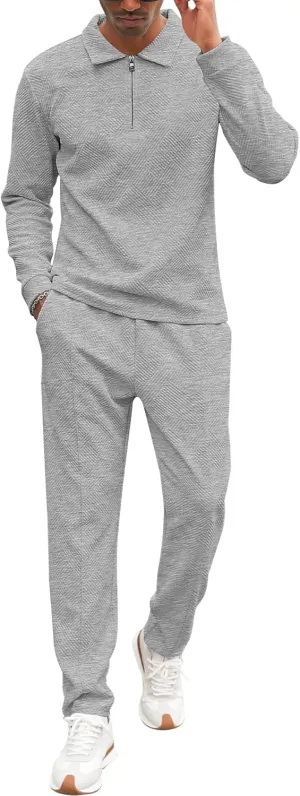 Babioboa Men's Polo sweatsuit Sets 1/4 Zip Fashion Casual Tracksuits jogging long Sleeve Polo Suit for Men 2 Piece Set