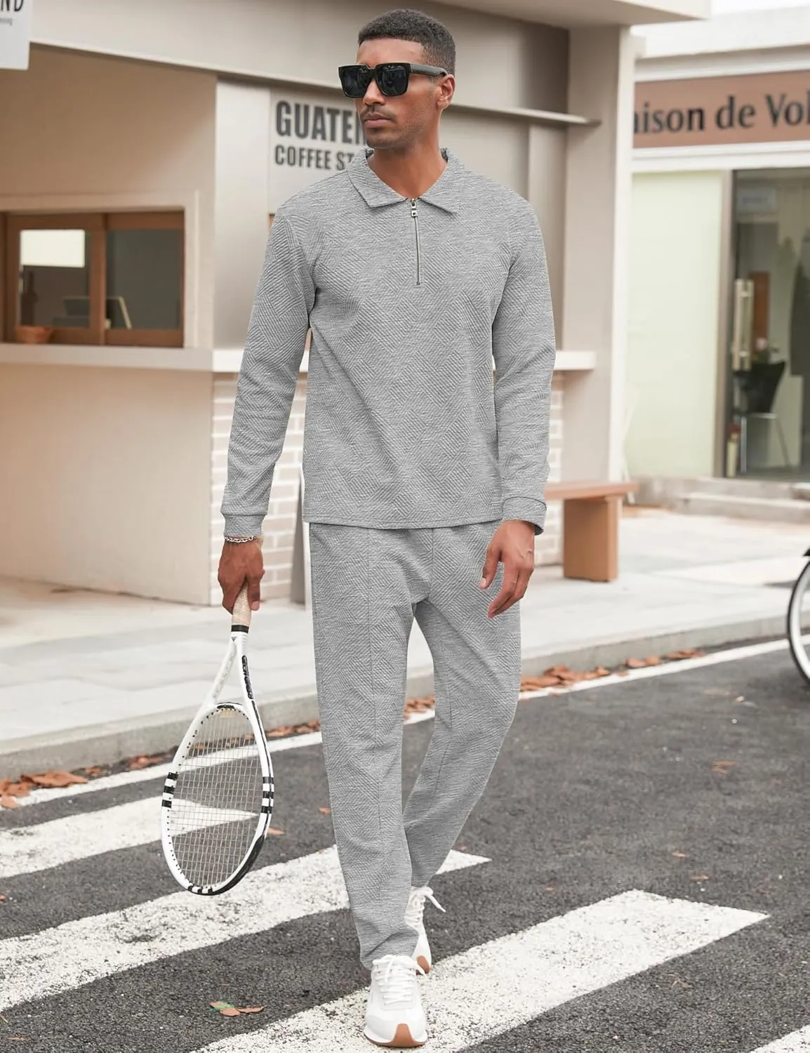 Babioboa Men's Polo sweatsuit Sets 1/4 Zip Fashion Casual Tracksuits jogging long Sleeve Polo Suit for Men 2 Piece Set