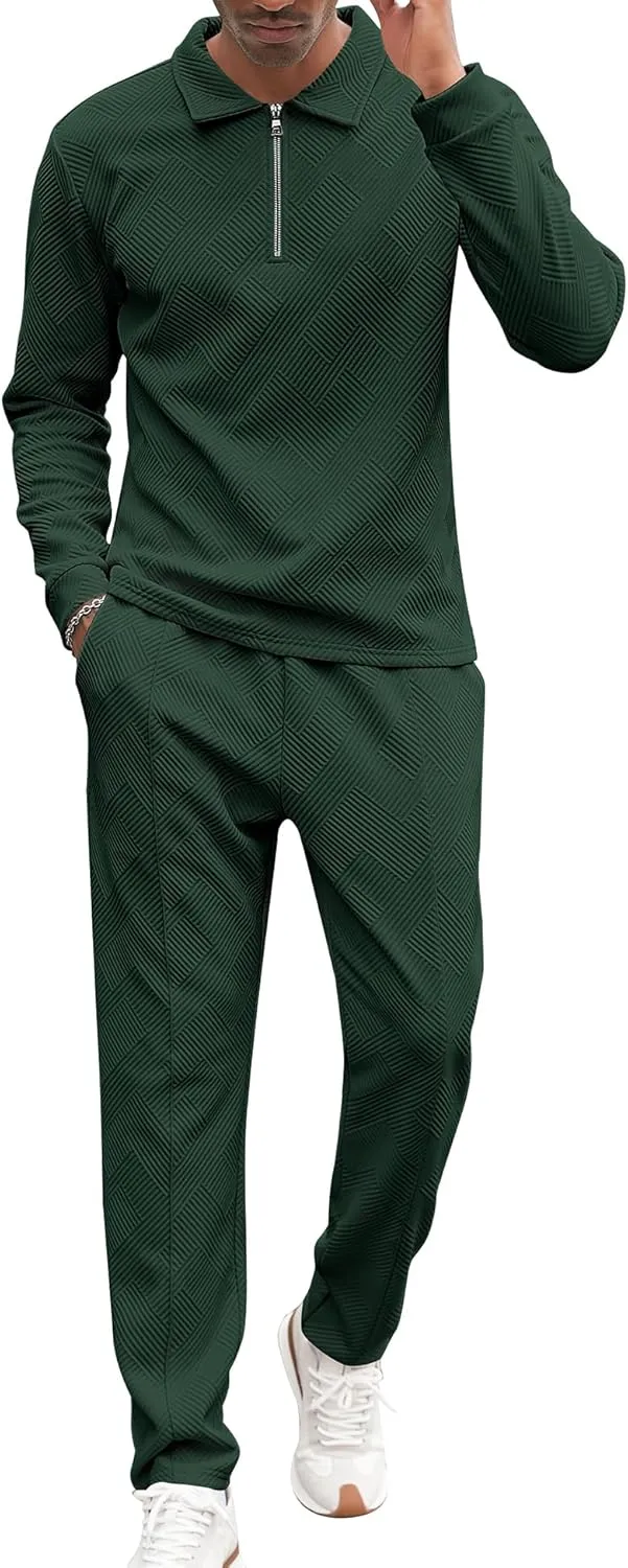 Babioboa Men's Polo sweatsuit Sets 1/4 Zip Fashion Casual Tracksuits jogging long Sleeve Polo Suit for Men 2 Piece Set