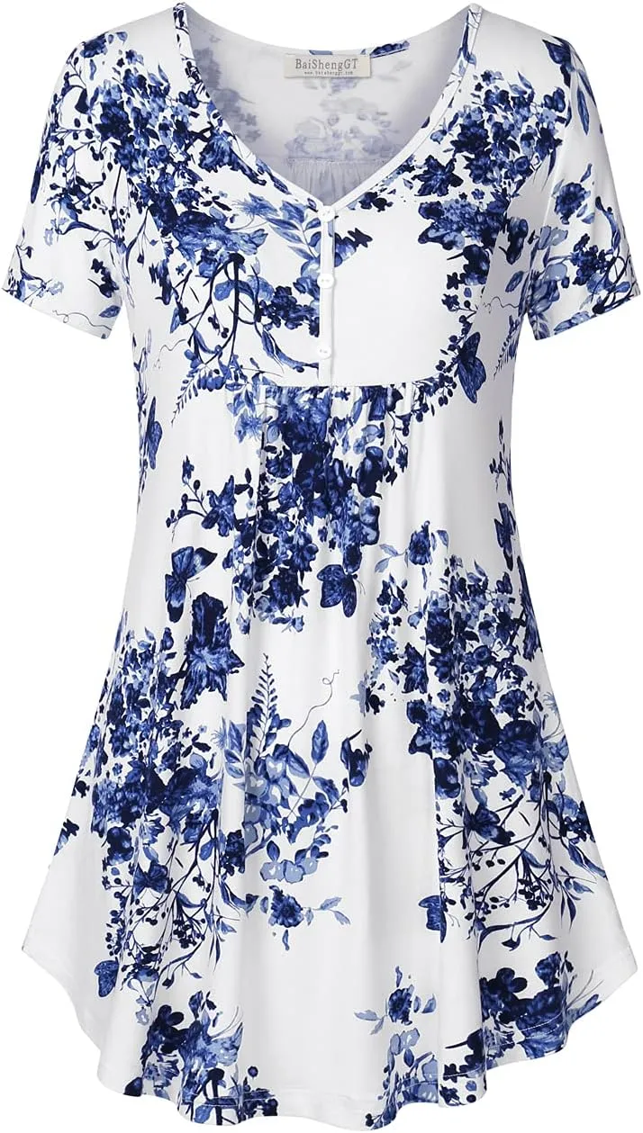 BAISHENGGT Women's Tunic Tops for Leggings Summer Short Sleeve V Neck Button Casual Blouses Flowy T Shirt