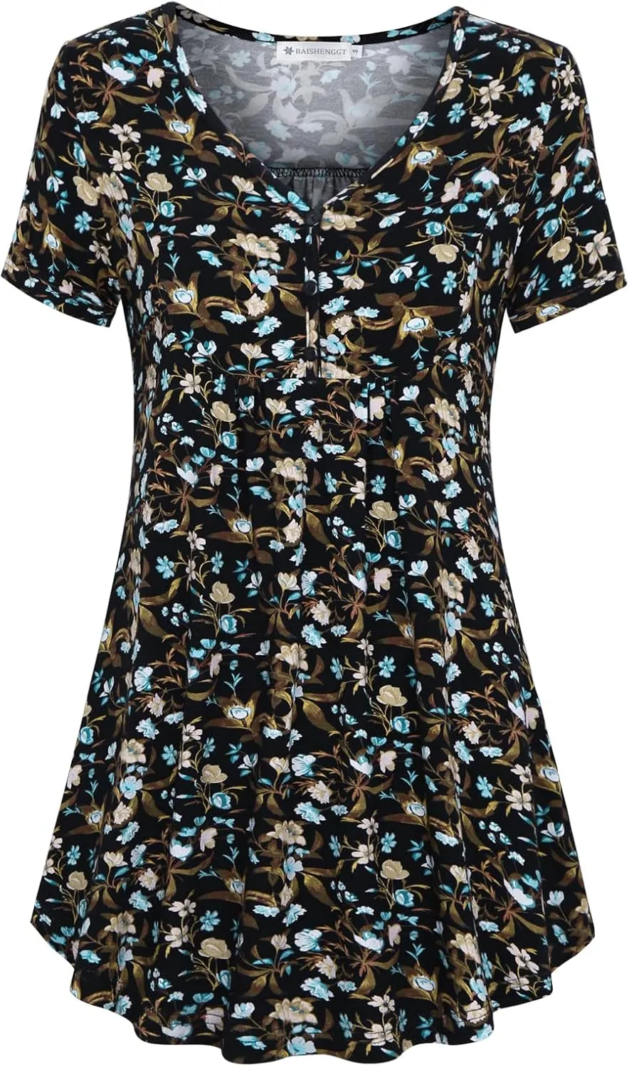 BAISHENGGT Women's Tunic Tops for Leggings Summer Short Sleeve V Neck Button Casual Blouses Flowy T Shirt