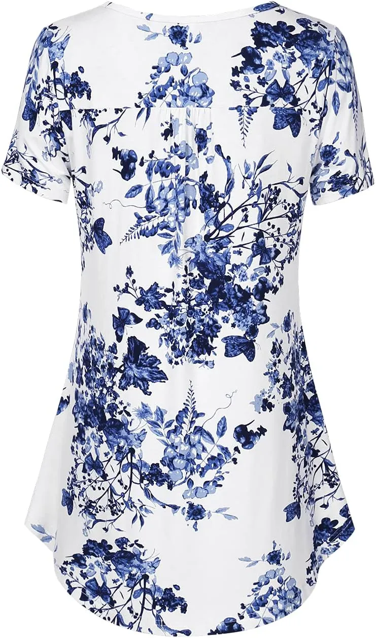 BAISHENGGT Women's Tunic Tops for Leggings Summer Short Sleeve V Neck Button Casual Blouses Flowy T Shirt