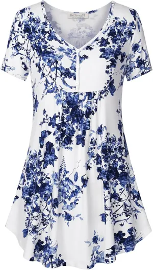 BAISHENGGT Women's Tunic Tops for Leggings Summer Short Sleeve V Neck Button Casual Blouses Flowy T Shirt