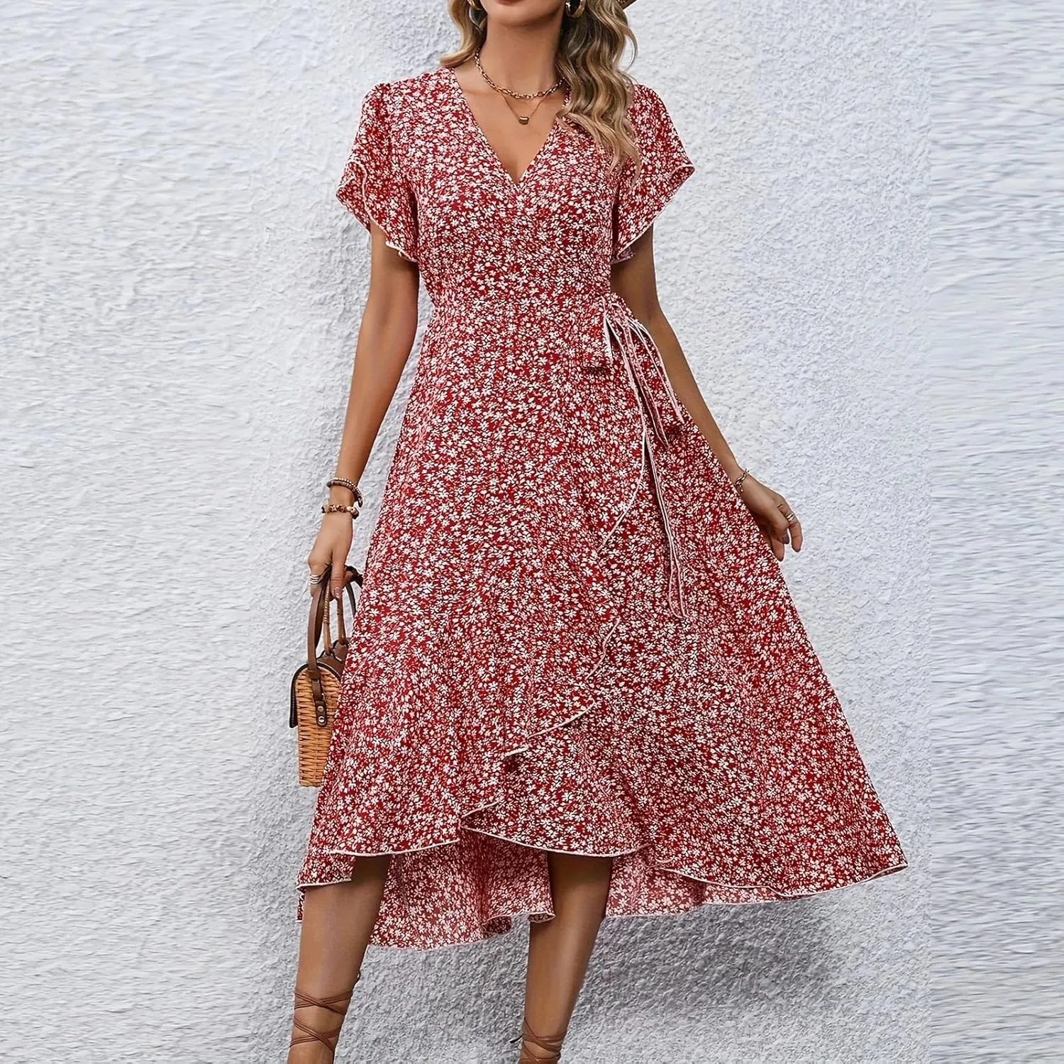 BAXLIMEK Floral Dress for Women,2025 Summer Elegant V Neck Short Sleeve Midi Dress Flowy Ruffle Irregular Hem Boho Sundress