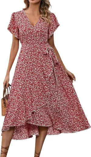 BAXLIMEK Floral Dress for Women,2025 Summer Elegant V Neck Short Sleeve Midi Dress Flowy Ruffle Irregular Hem Boho Sundress