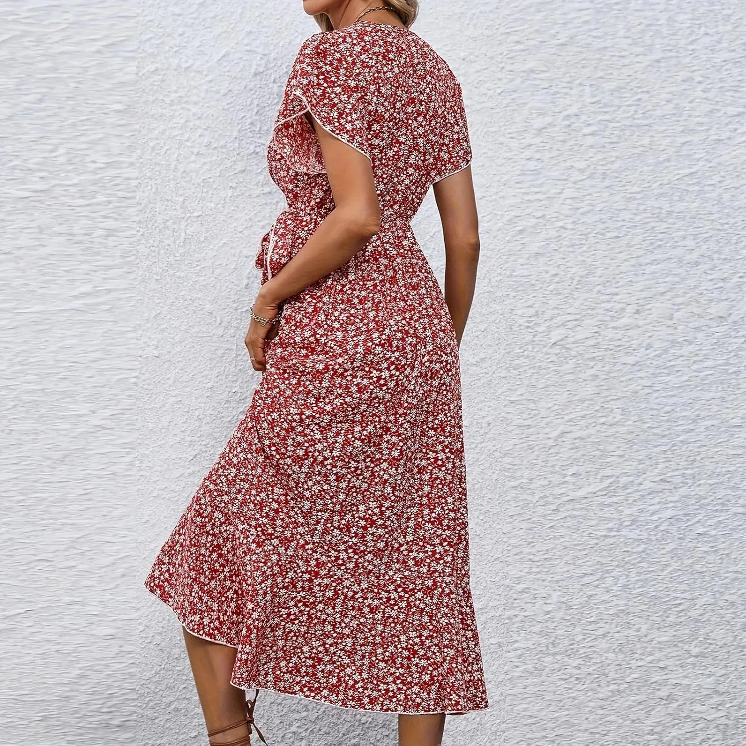 BAXLIMEK Floral Dress for Women,2025 Summer Elegant V Neck Short Sleeve Midi Dress Flowy Ruffle Irregular Hem Boho Sundress