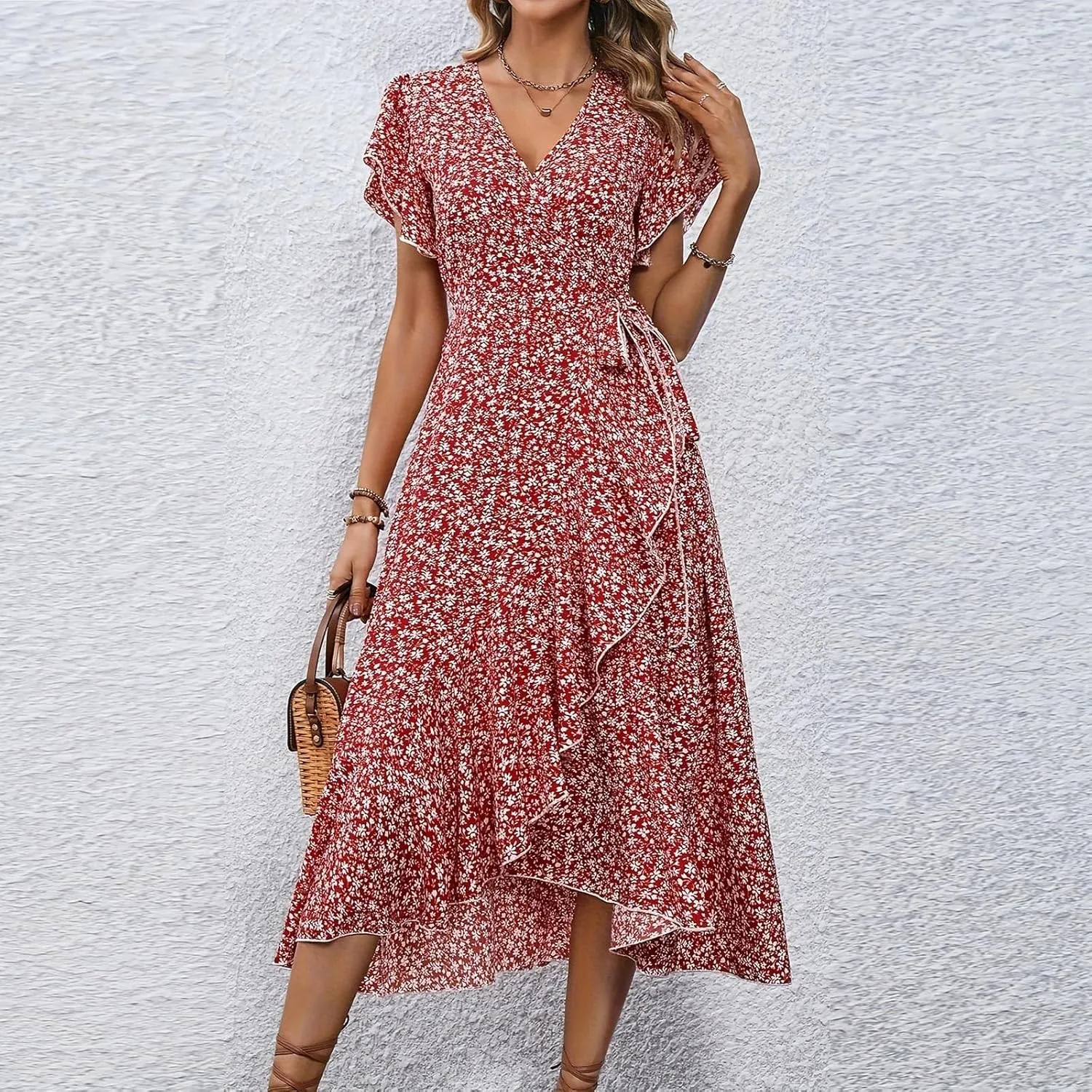 BAXLIMEK Floral Dress for Women,2025 Summer Elegant V Neck Short Sleeve Midi Dress Flowy Ruffle Irregular Hem Boho Sundress