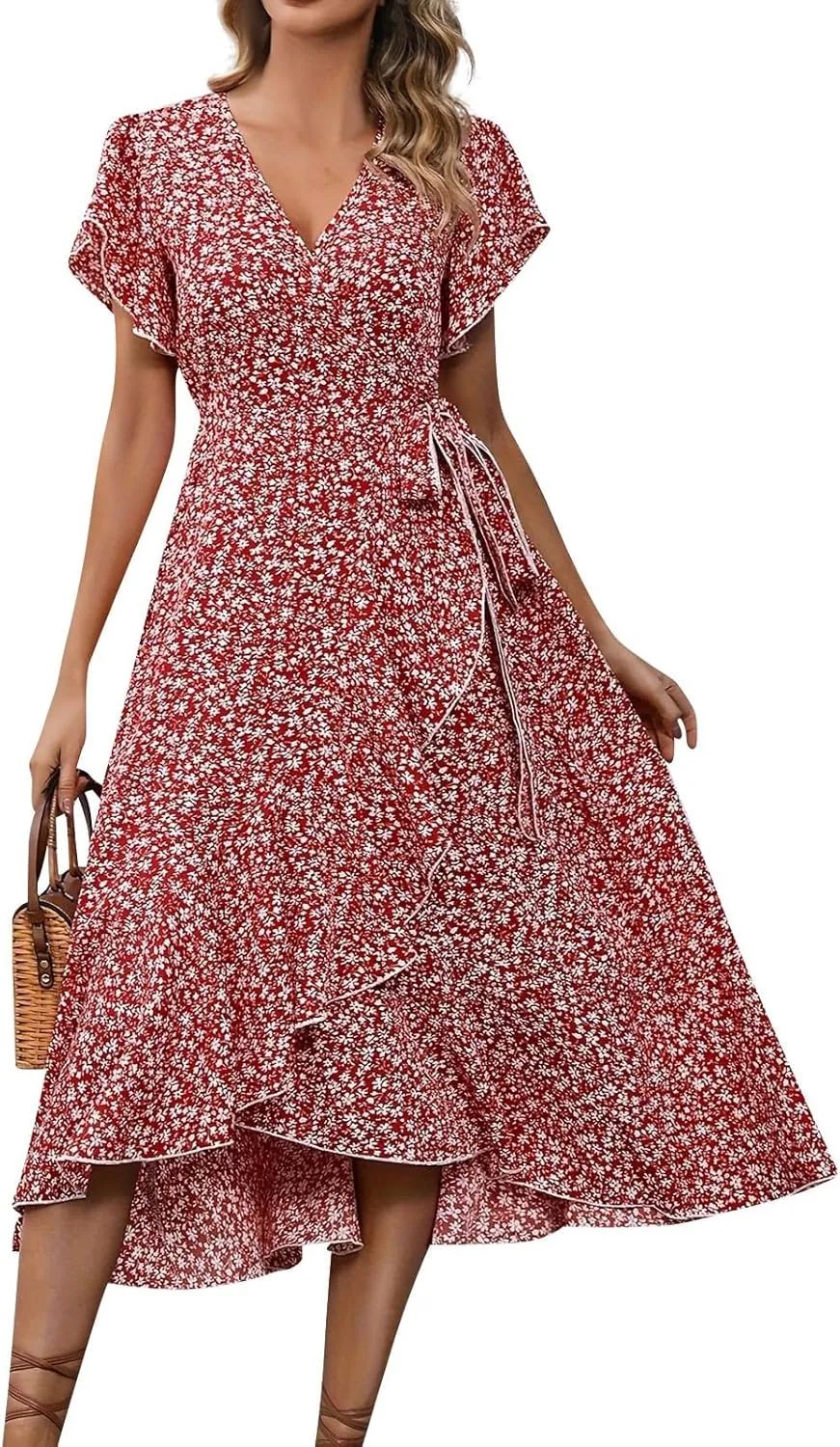 BAXLIMEK Floral Dress for Women,2025 Summer Elegant V Neck Short Sleeve Midi Dress Flowy Ruffle Irregular Hem Boho Sundress
