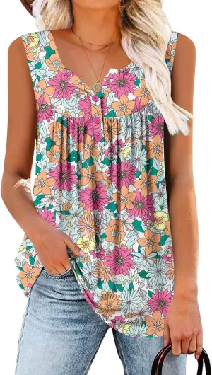 BETTE BOUTIK Womens Sleeveless Tunics Henley Shirts V-Neck Button Down Blouse Tank Tops Casual Pleated Basic