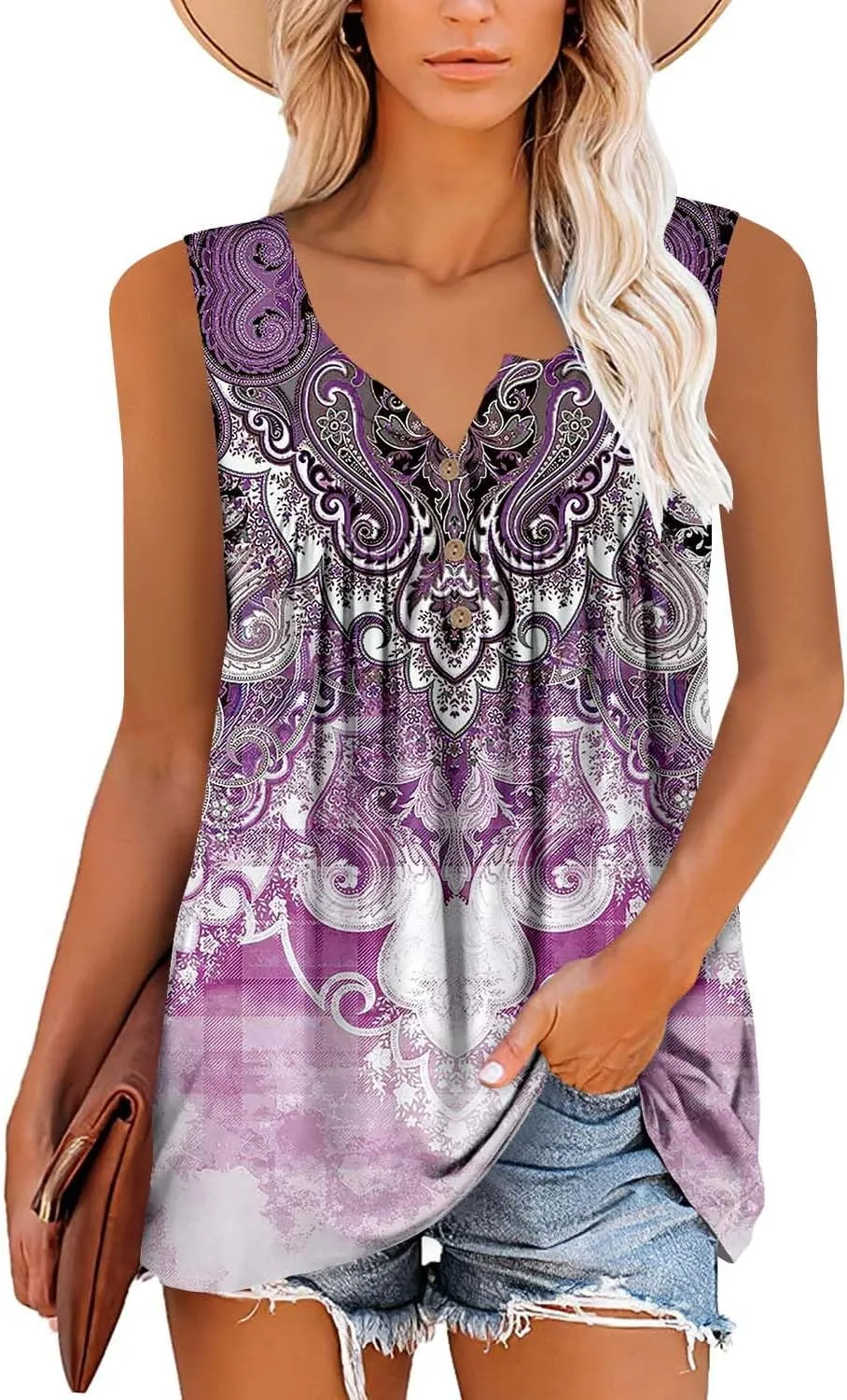 BETTE BOUTIK Womens Sleeveless Tunics Henley Shirts V-Neck Button Down Blouse Tank Tops Casual Pleated Basic