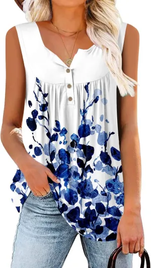 BETTE BOUTIK Womens Sleeveless Tunics Henley Shirts V-Neck Button Down Blouse Tank Tops Casual Pleated Basic