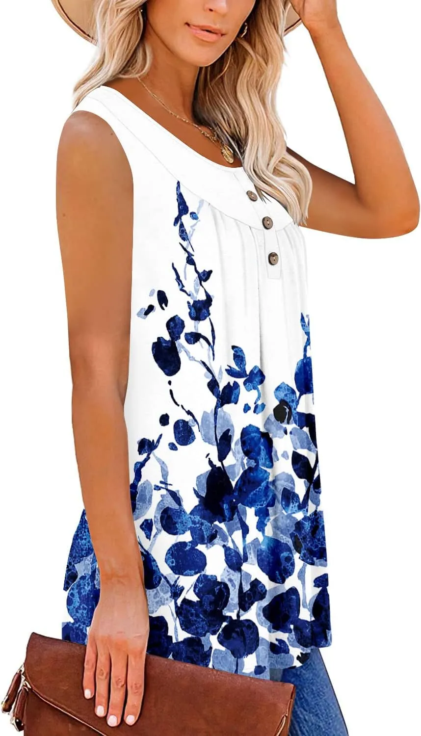 BETTE BOUTIK Womens Sleeveless Tunics Henley Shirts V-Neck Button Down Blouse Tank Tops Casual Pleated Basic