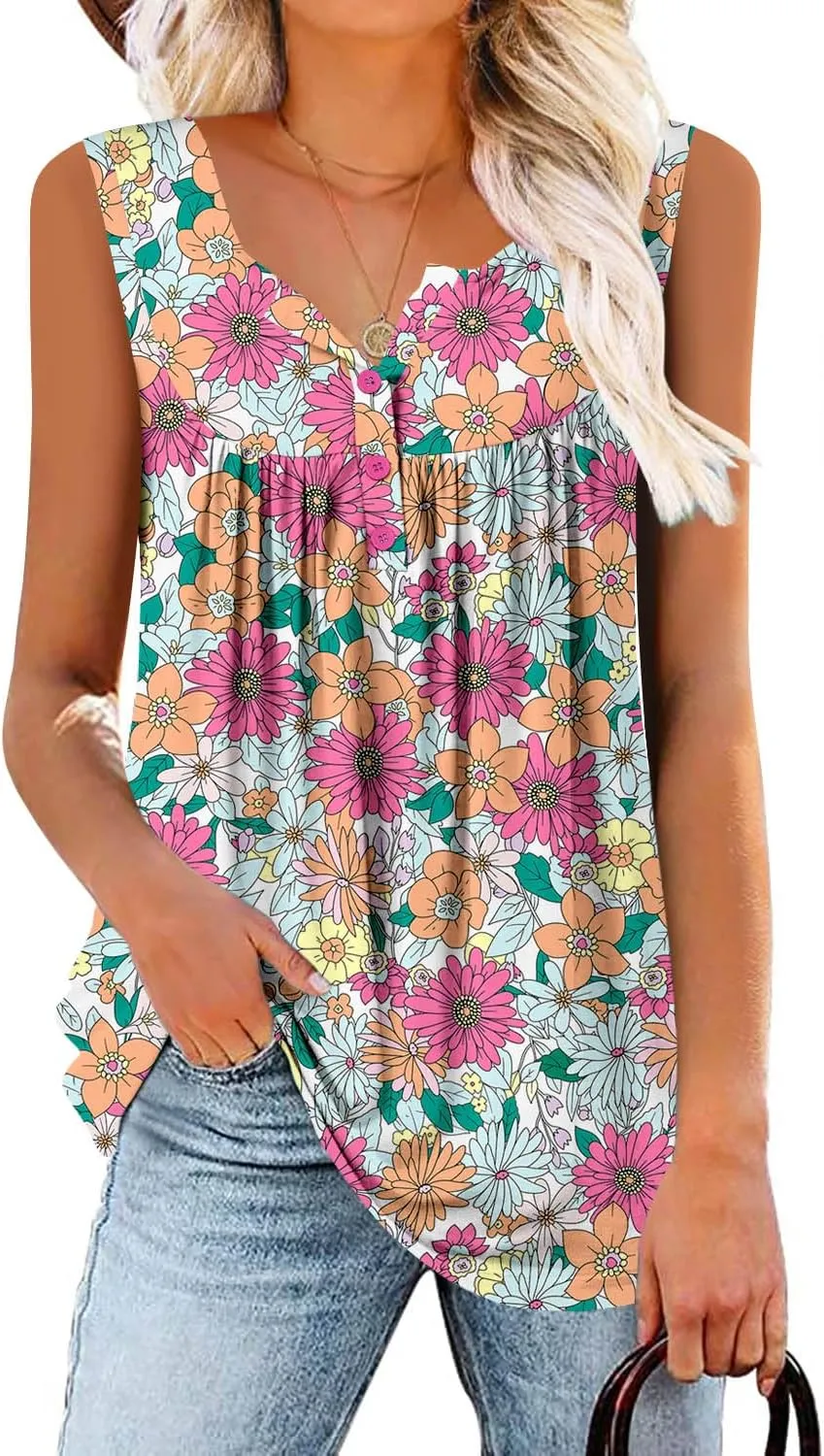 BETTE BOUTIK Womens Sleeveless Tunics Henley Shirts V-Neck Button Down Blouse Tank Tops Casual Pleated Basic