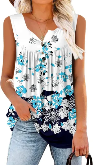 BETTE BOUTIK Womens Sleeveless Tunics Henley Shirts V-Neck Button Down Blouse Tank Tops Casual Pleated Basic
