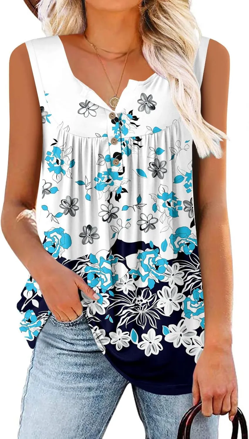 BETTE BOUTIK Womens Sleeveless Tunics Henley Shirts V-Neck Button Down Blouse Tank Tops Casual Pleated Basic