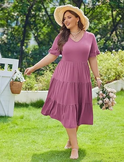 Beyove Womens Plus Size Short Sleeve Dress Summer Midi Dresses