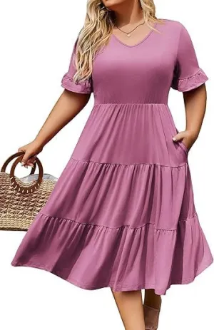 Beyove Womens Plus Size Short Sleeve Dress Summer Midi Dresses