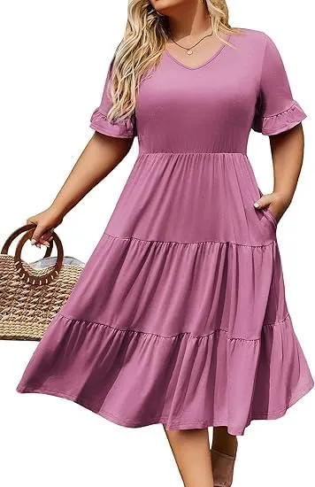 Beyove Womens Plus Size Short Sleeve Dress Summer Midi Dresses