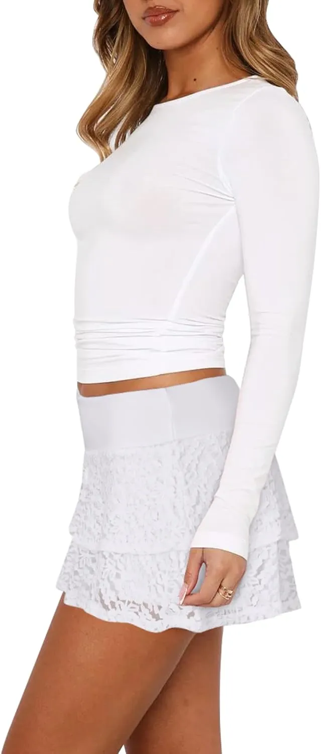 Black White Floral Lace Pleated Mini Skirt with Shorts Underneath Women's Skort Sexy Ruffle Layered Ruched Y2K Skirts