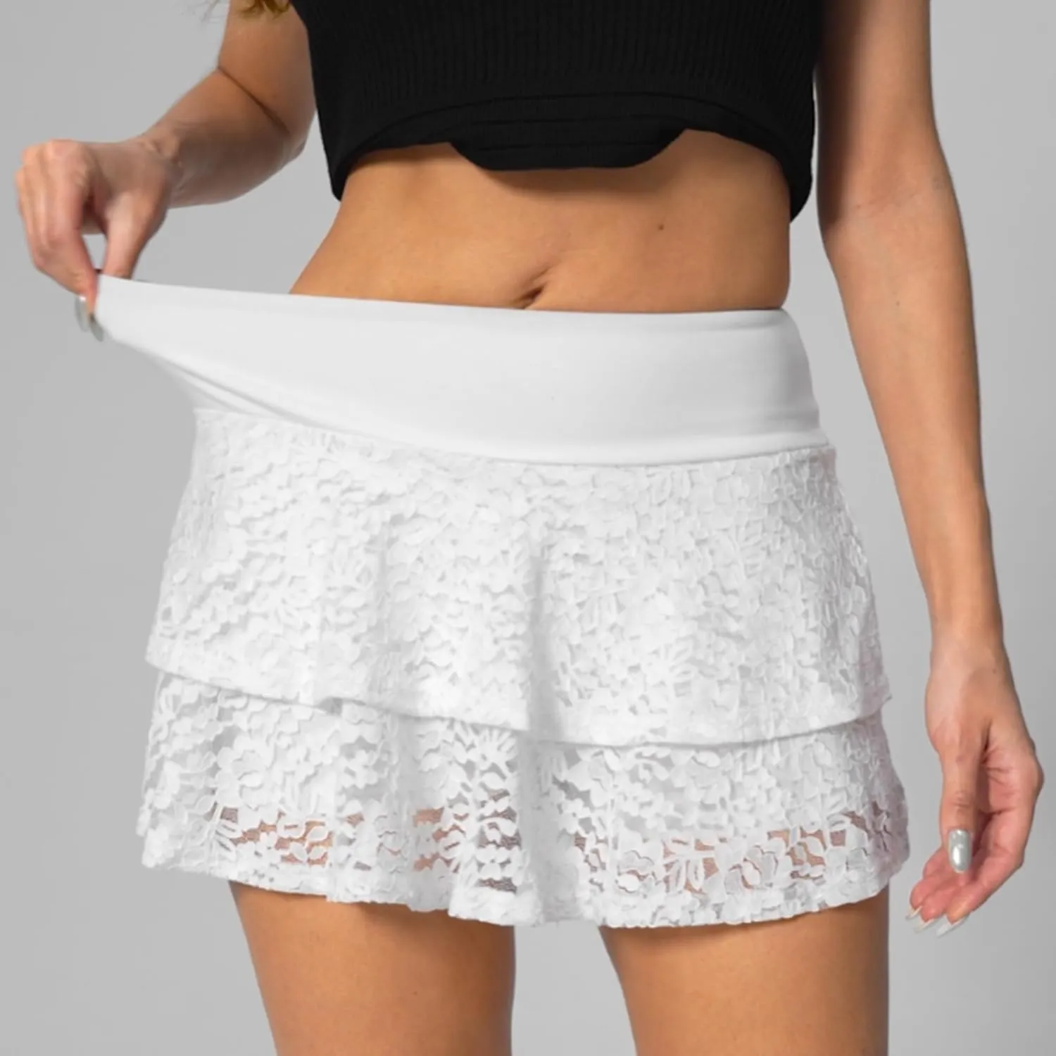 Black White Floral Lace Pleated Mini Skirt with Shorts Underneath Women's Skort Sexy Ruffle Layered Ruched Y2K Skirts