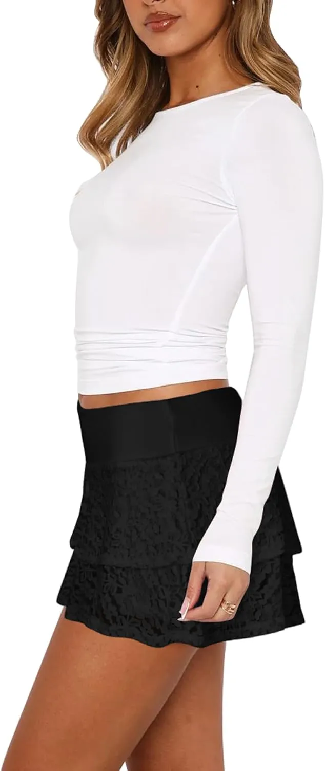 Black White Floral Lace Pleated Mini Skirt with Shorts Underneath Women's Skort Sexy Ruffle Layered Ruched Y2K Skirts