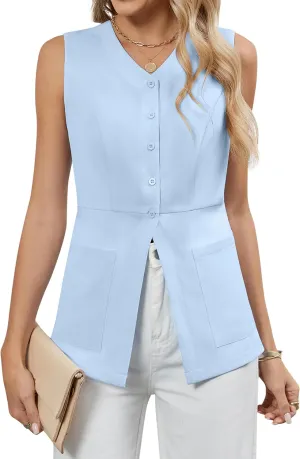 Blooming Jelly Womens Summer Tank Tops Button Down Sleeveless Vest Dressy Casual Blouses Business V Neck Outfits
