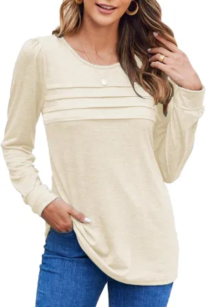 Bluetime Long Sleeve Shirts for Women 2024 Fall Fashion Tunic Tops for Leggings Pleated Front Dressy Casual Blouses