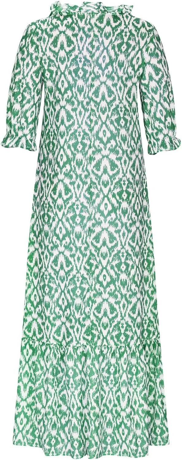 Boho Dresses for Women 2024 Summer Short Sleeve Floral Long Maxi Dresses Tassel V Neck Ruffle Flowy A-Line Dress