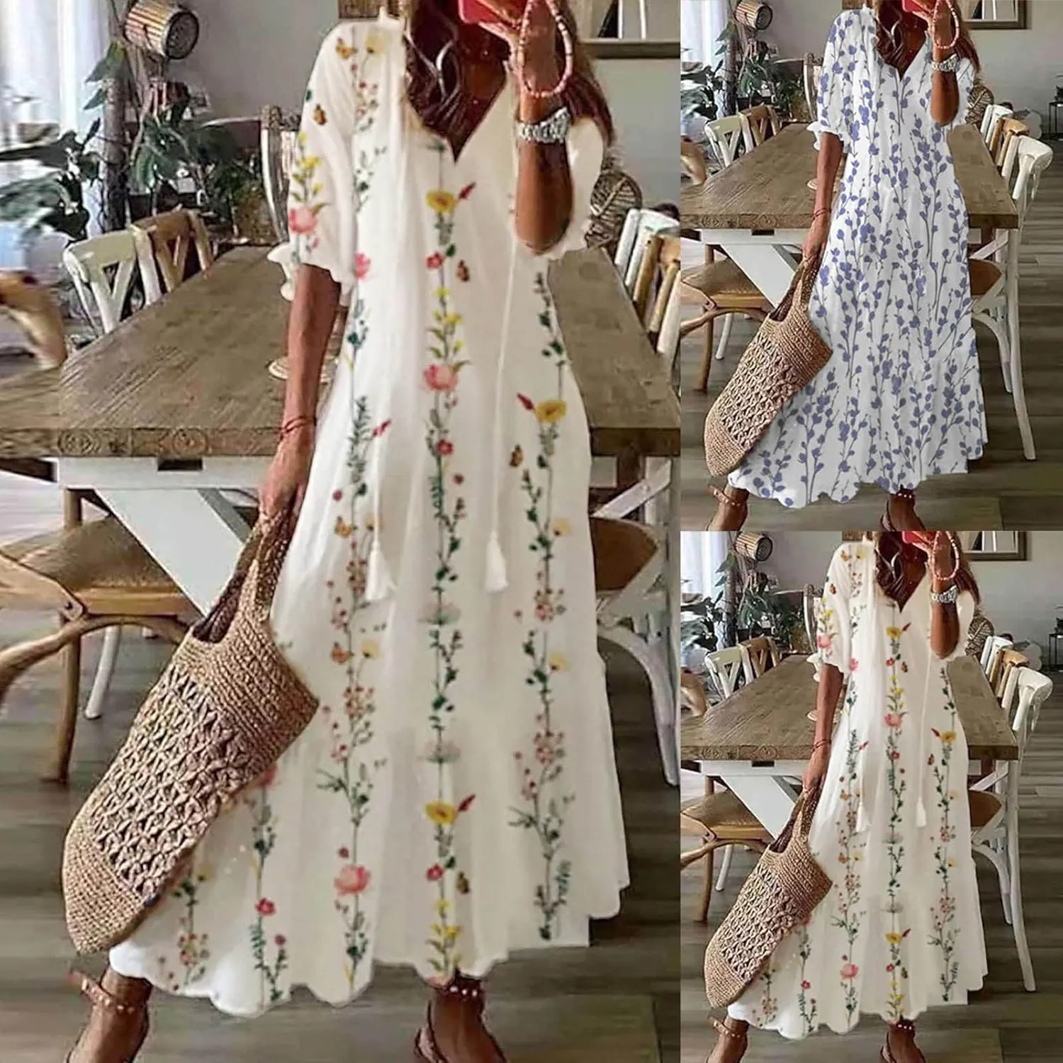 Boho Dresses for Women 2024 Summer Short Sleeve Floral Long Maxi Dresses Tassel V Neck Ruffle Flowy A-Line Dress
