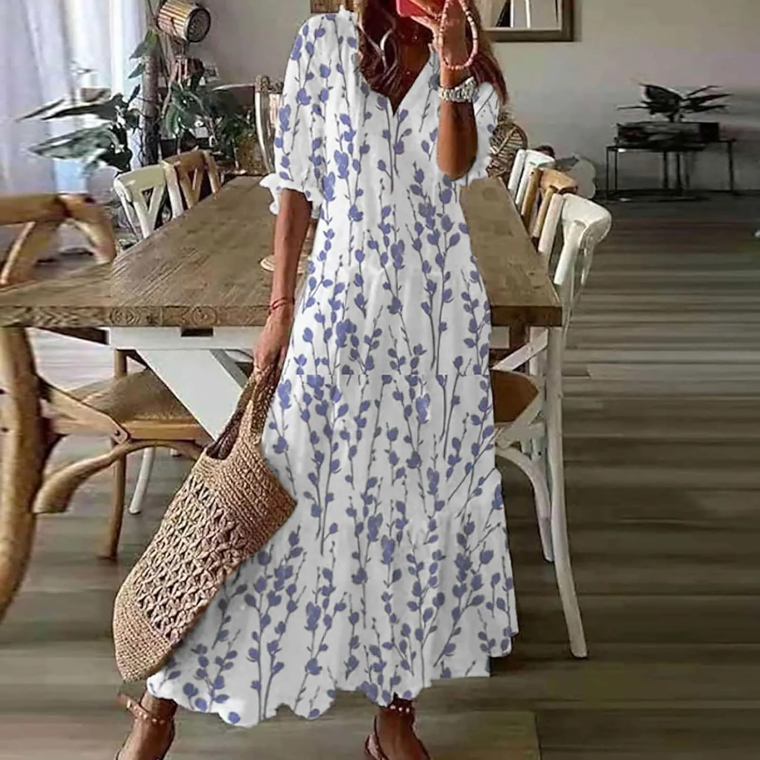 Boho Dresses for Women 2024 Summer Short Sleeve Floral Long Maxi Dresses Tassel V Neck Ruffle Flowy A-Line Dress