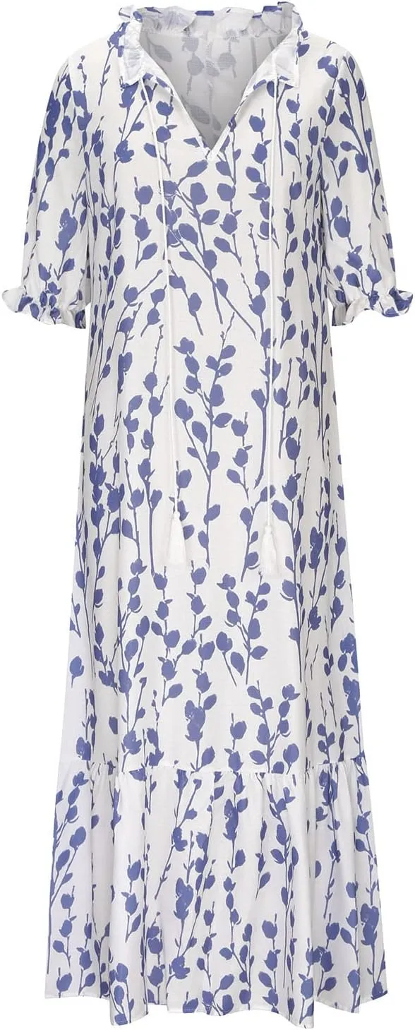 Boho Dresses for Women 2024 Summer Short Sleeve Floral Long Maxi Dresses Tassel V Neck Ruffle Flowy A-Line Dress