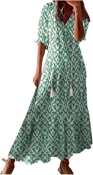 Boho Dresses for Women 2024 Summer Short Sleeve Floral Long Maxi Dresses Tassel V Neck Ruffle Flowy A-Line Dress