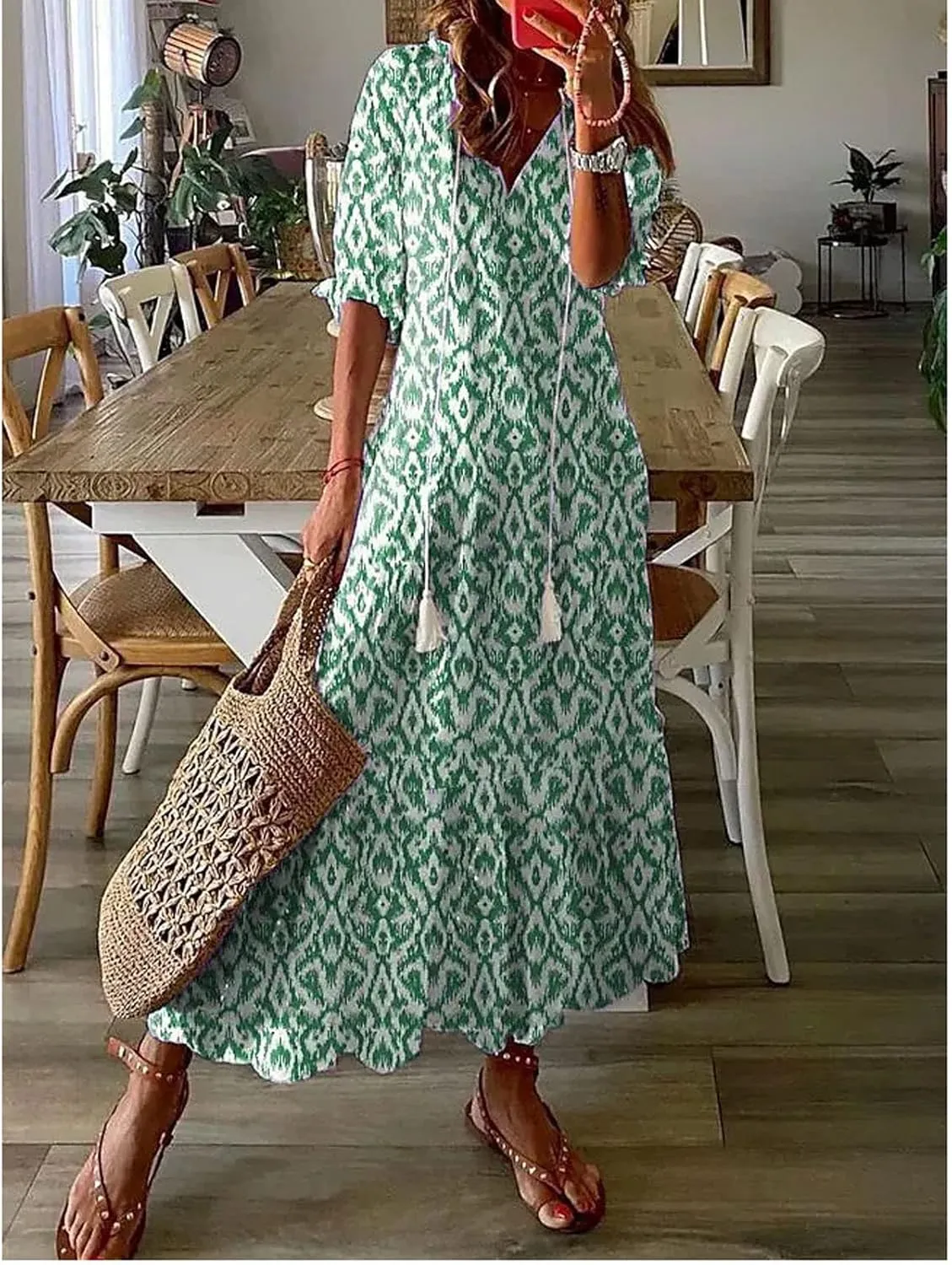 Boho Dresses for Women 2024 Summer Short Sleeve Floral Long Maxi Dresses Tassel V Neck Ruffle Flowy A-Line Dress