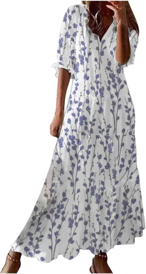 Boho Dresses for Women 2024 Summer Short Sleeve Floral Long Maxi Dresses Tassel V Neck Ruffle Flowy A-Line Dress