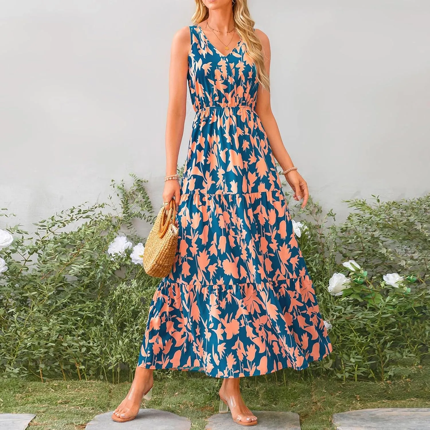 Boho Dresses for Women 2025 Summer Casual Flowy Floral Sleeveless Wrap Empire Waist Pleated Beach A Line Maxi Dresses