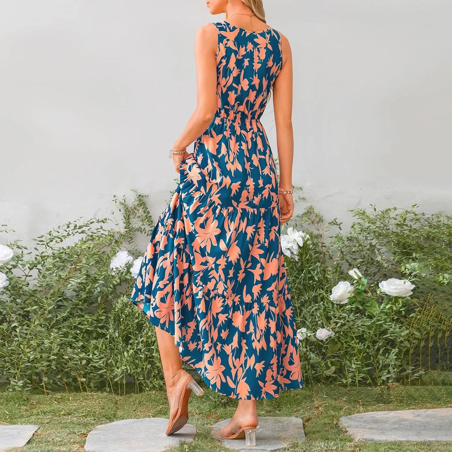 Boho Dresses for Women 2025 Summer Casual Flowy Floral Sleeveless Wrap Empire Waist Pleated Beach A Line Maxi Dresses