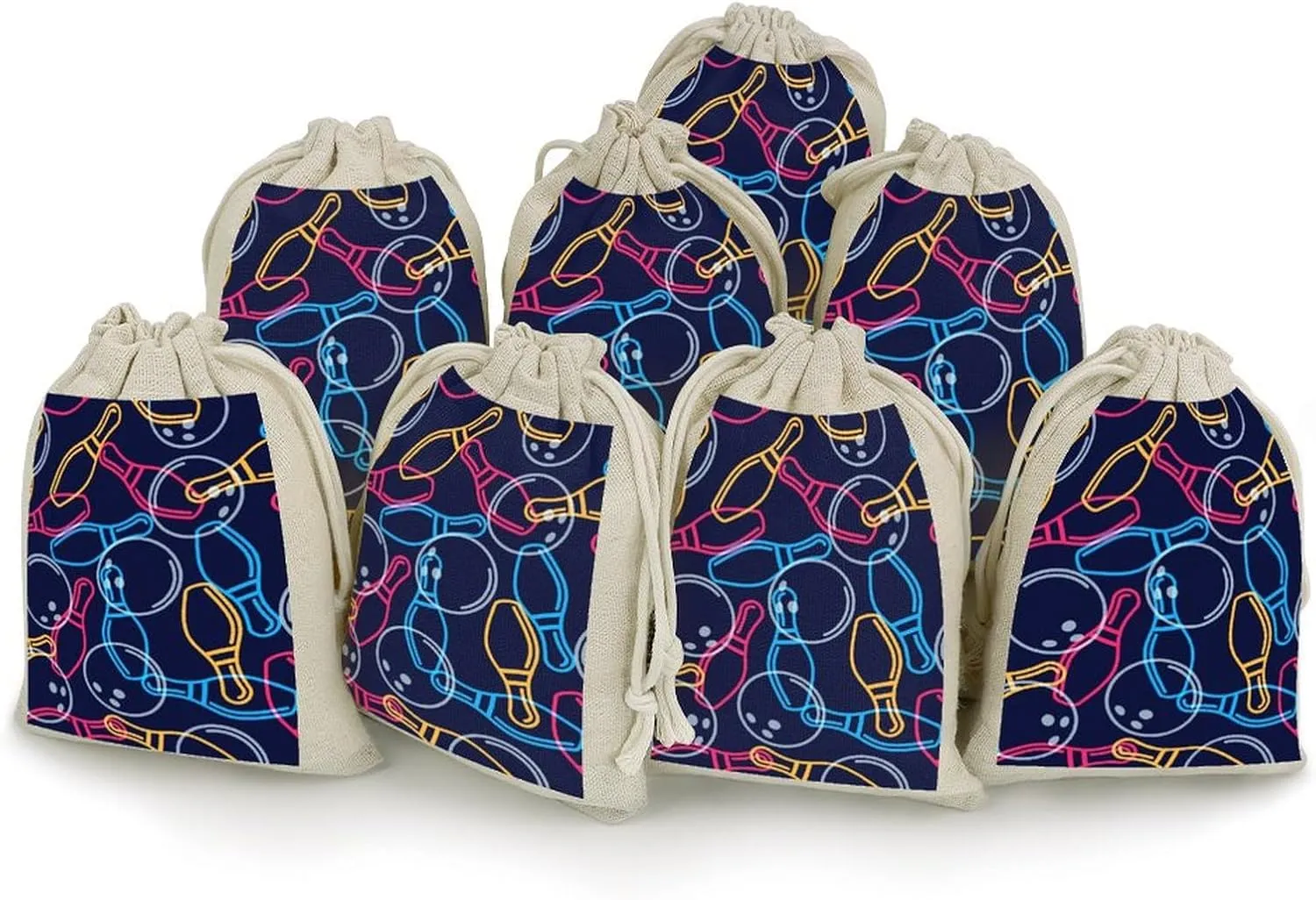 Bowling Ball Bowling Pins 8 Pack Small Drawstrings Storage Bags Candy Gift Pouches Cotton Linen Pockets for Birthday Party Wedding