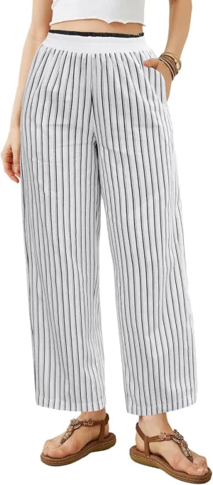 Bsubseach 2025 Women's Striped Wide Leg Cropped Pants Smocked Waist Summer Casual Trousers with Pockets
