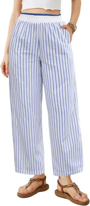 Bsubseach 2025 Women's Striped Wide Leg Cropped Pants Smocked Waist Summer Casual Trousers with Pockets