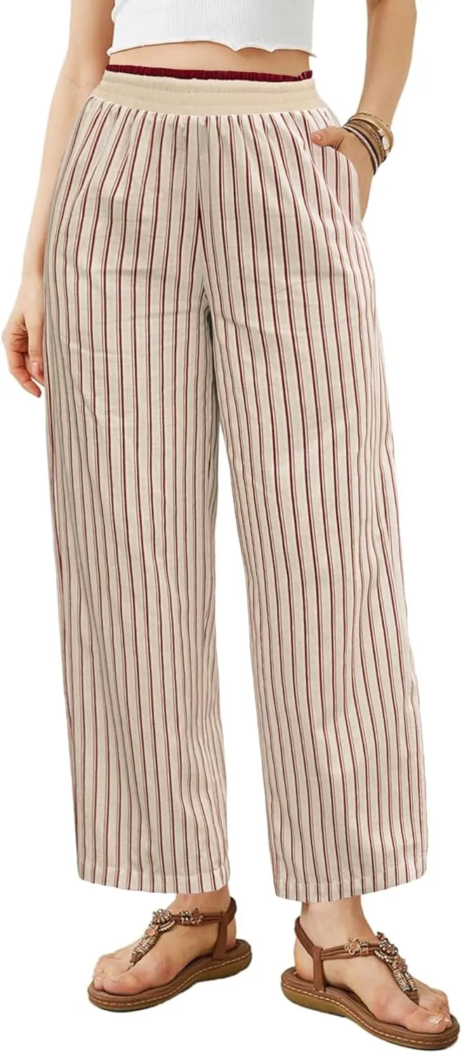 Bsubseach 2025 Women's Striped Wide Leg Cropped Pants Smocked Waist Summer Casual Trousers with Pockets